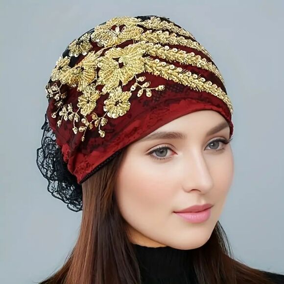 Accessories - Red Beanie with Golden Beads Breathable Head Wrap and Chemo Cap Women & Girls